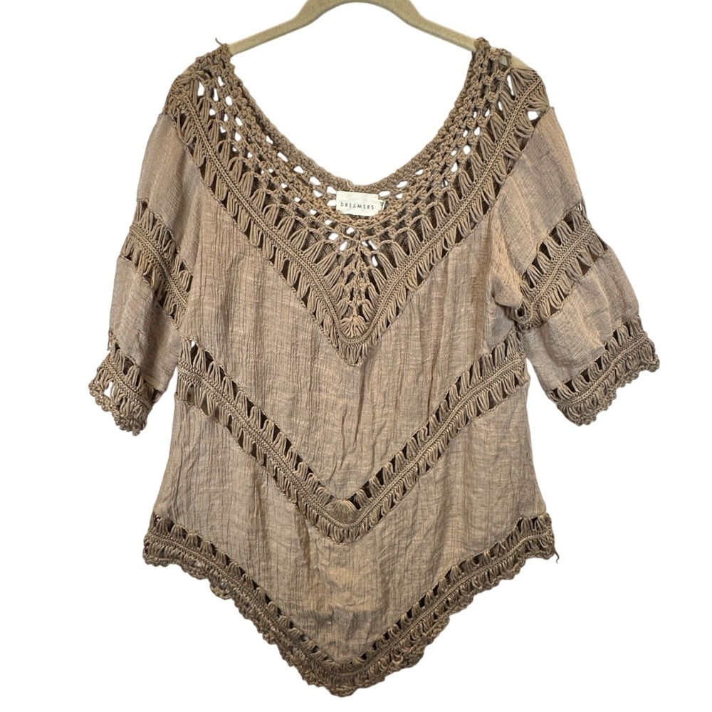Dreamers Boho Crochet Trim Gauze Top Tan V-Neck Elbow Sleeve Medium